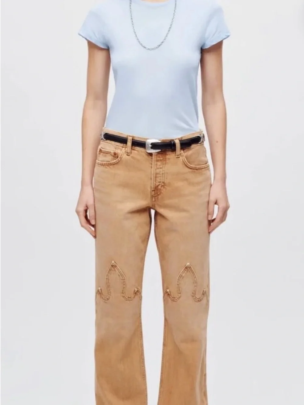 Re/Done Women's Tan Straight-Leg Jeans with Decorative Knee Stitching.
